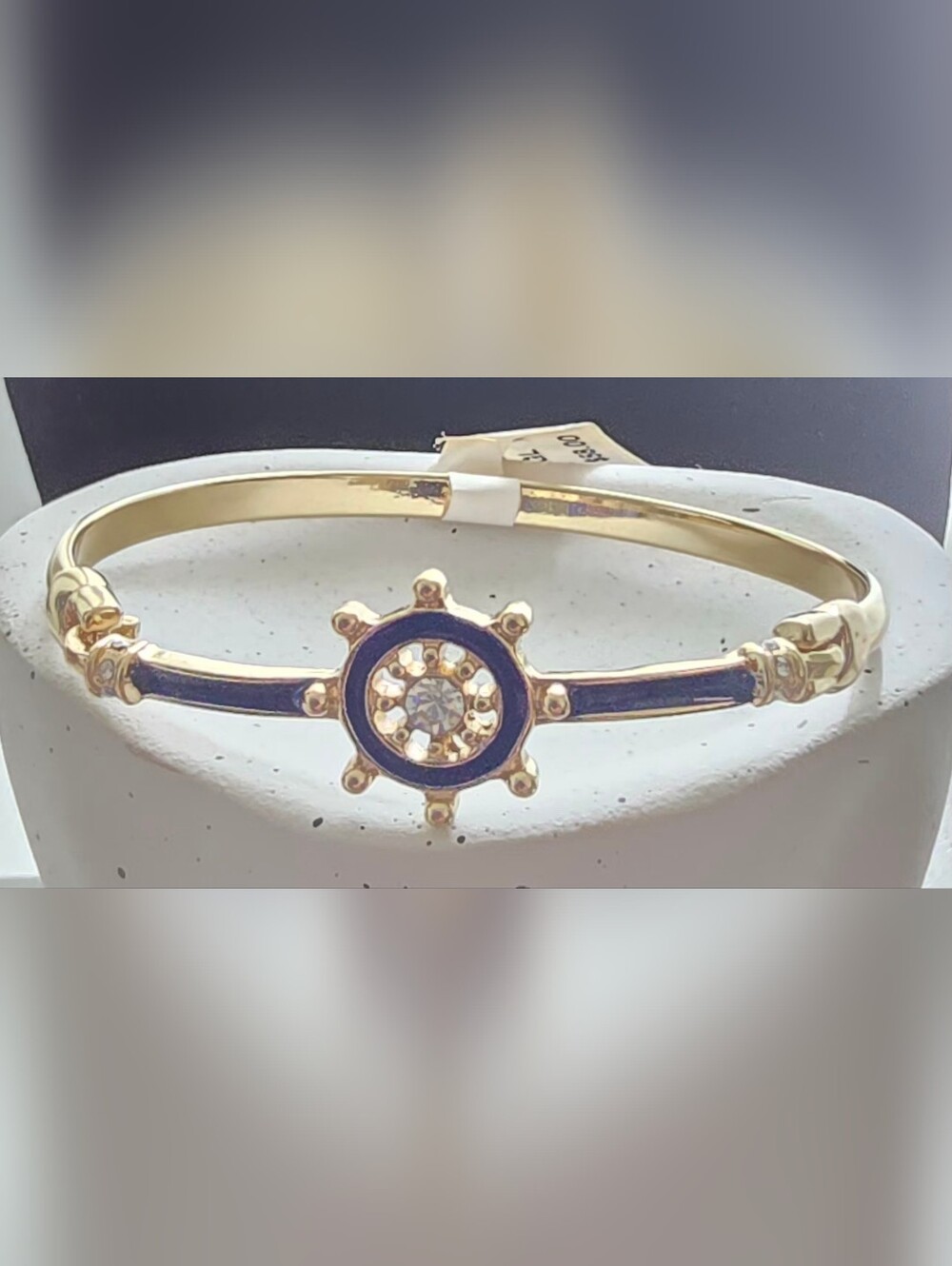 Sequin- Gold-Tone Navy Enamel and Crystal Wheel Bangle Bracelet